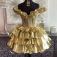 Vintage Golden A-Line Off-the-shoulder Tiered Lace-up Tiered Metallic Homecoming Dress Party Dress Cocktail Dress DP6658