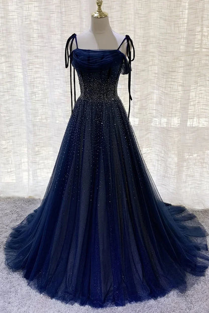 Vintage Navy Blue Shiny Sequin Spaghetti Strap Design A-Line Chiffon Tulle Evening Dress Prom Dress DP6134
