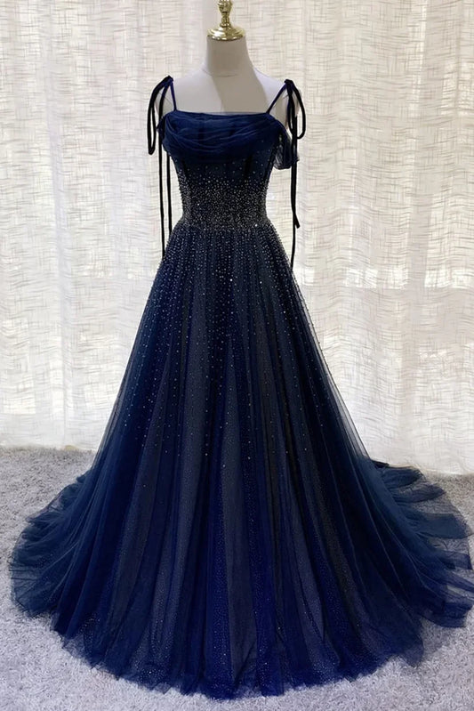 Vintage Navy Blue Shiny Sequin Spaghetti Strap Design A-Line Chiffon Tulle Evening Dress Prom Dress DP6134