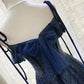 Vintage Navy Blue Shiny Sequin Spaghetti Strap Design A-Line Chiffon Tulle Evening Dress Prom Dress DP6134