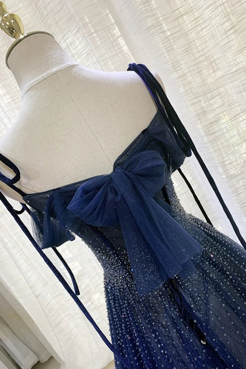 Vintage Navy Blue Shiny Sequin Spaghetti Strap Design A-Line Chiffon Tulle Evening Dress Prom Dress DP6134