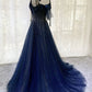 Vintage Navy Blue Shiny Sequin Spaghetti Strap Design A-Line Chiffon Tulle Evening Dress Prom Dress DP6134