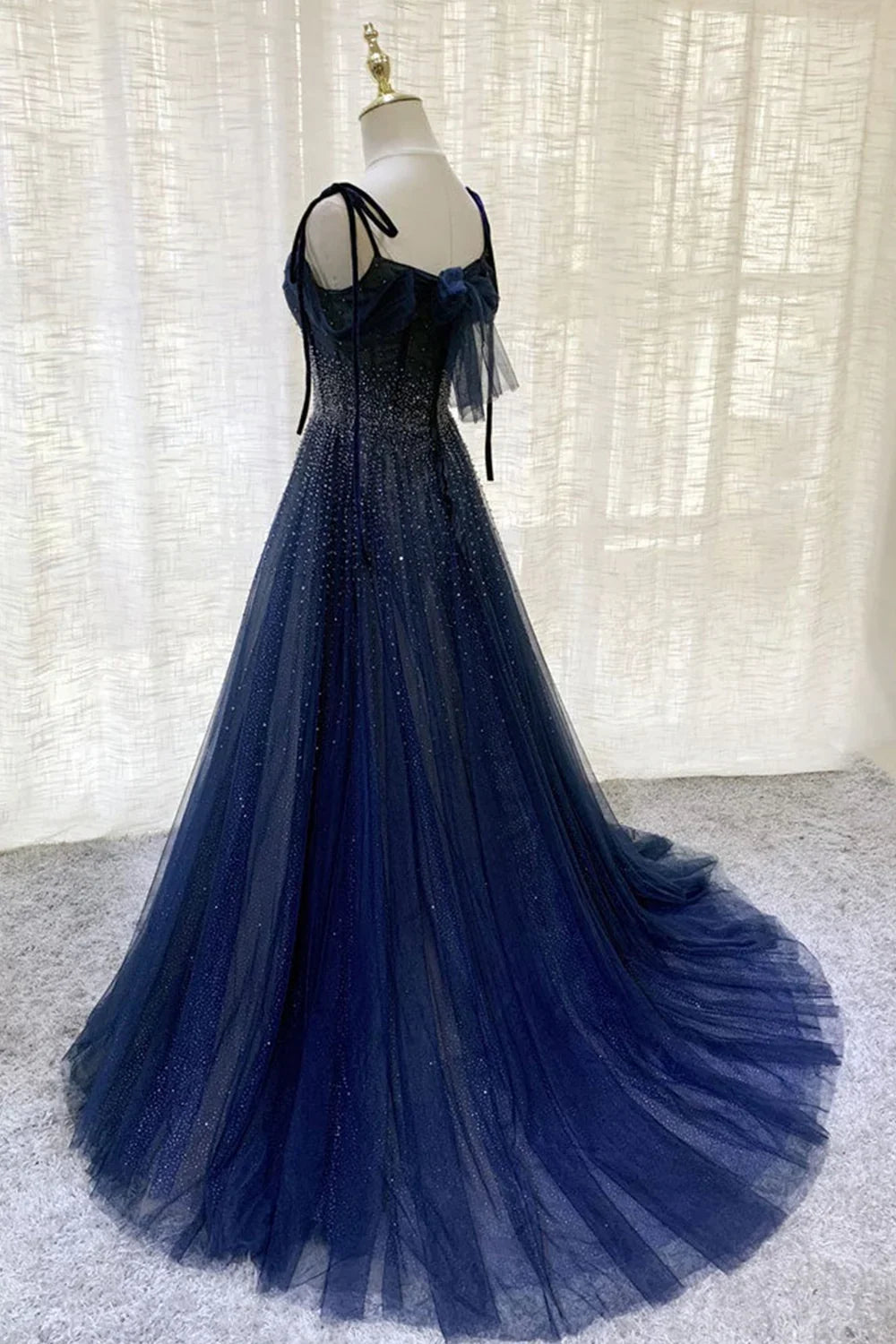 Vintage Navy Blue Shiny Sequin Spaghetti Strap Design A-Line Chiffon Tulle Evening Dress Prom Dress DP6134