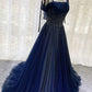 Vintage Navy Blue Shiny Sequin Spaghetti Strap Design A-Line Chiffon Tulle Evening Dress Prom Dress DP6134