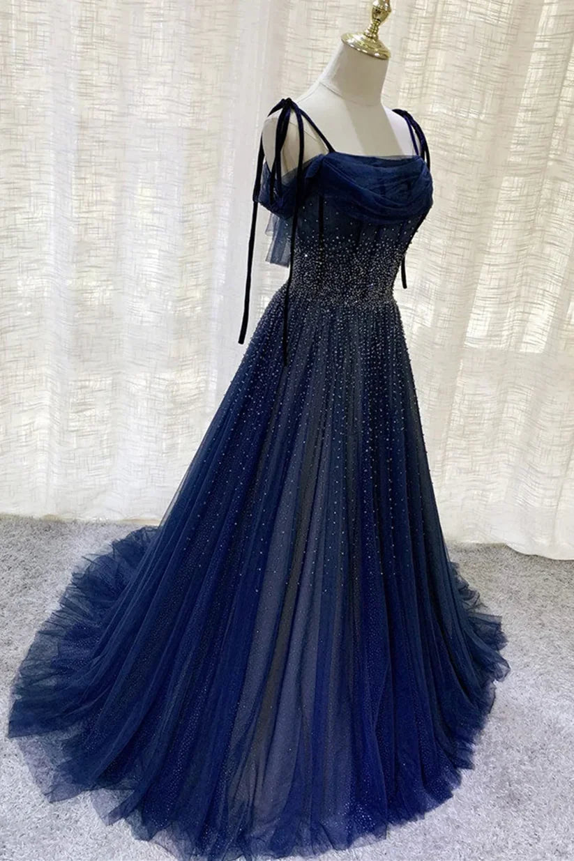 Vintage Navy Blue Shiny Sequin Spaghetti Strap Design A-Line Chiffon Tulle Evening Dress Prom Dress DP6134