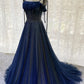 Vintage Navy Blue Shiny Sequin Spaghetti Strap Design A-Line Chiffon Tulle Evening Dress Prom Dress DP6134