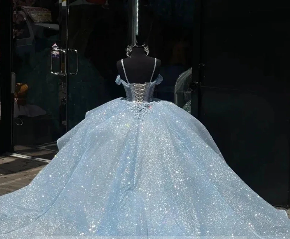 Sky Blue Lace Appliques Sweet 16 Princess Ball Gown Birthday Party Quinceanera Dress, DP2670