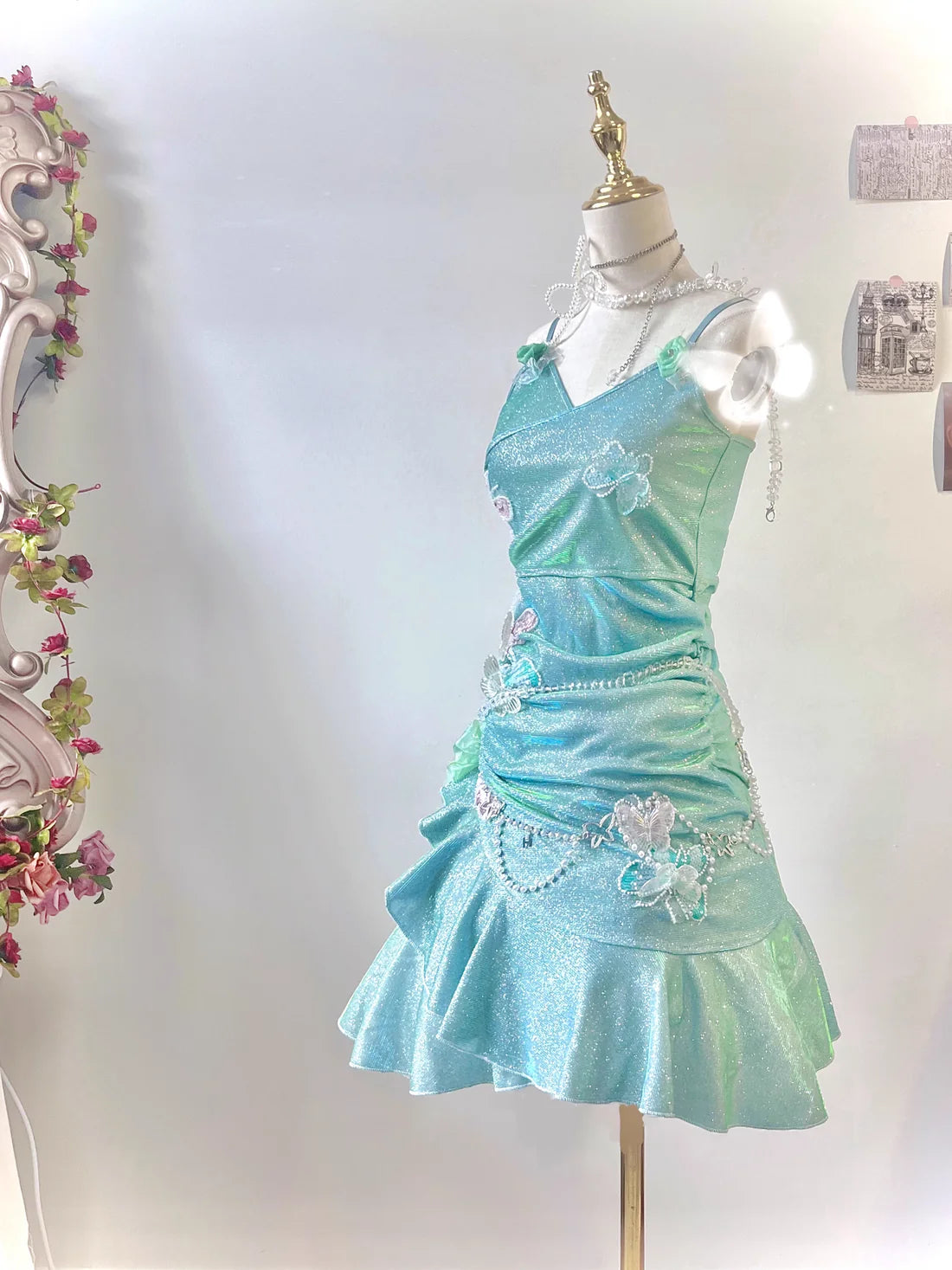 Fashion Mint Green Sparkling Sequin Spaghetti Strap Ruffled Hem Short 16th Birthday Party Dress Homecoming Dress DP6040