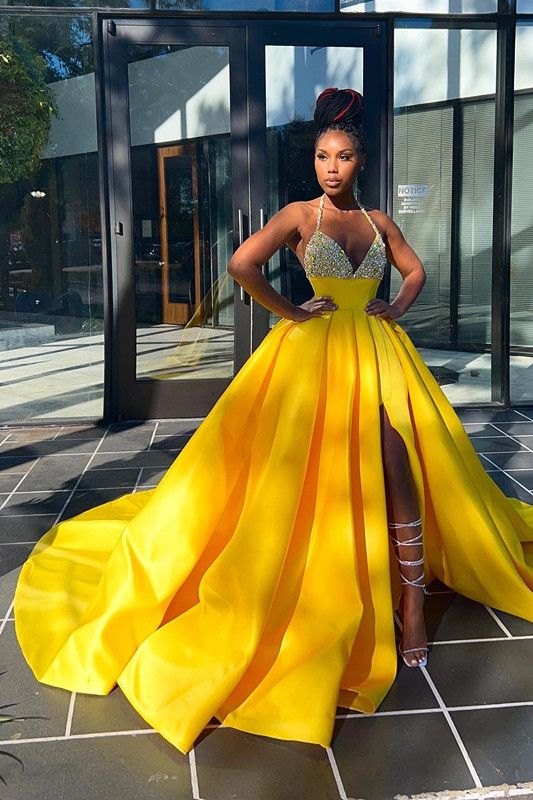 Yellow Evening Dress Halter V Neck Long Prom Dress Pleated,DP0132