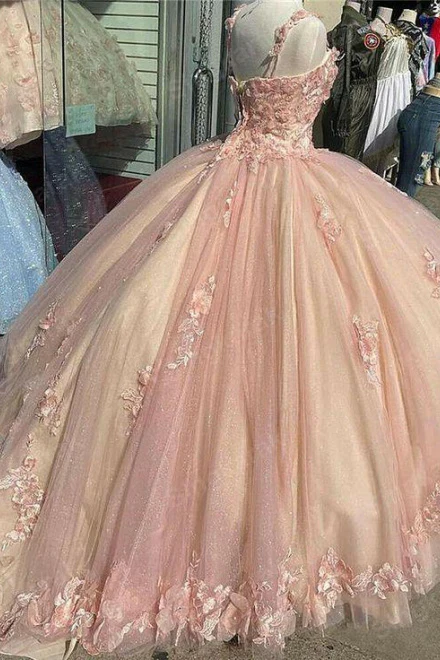 Pink Sweet 16 Straps Appliques Floral Quinceanera Dress Formal Ball Gown, DP2435