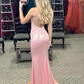 Robe de soirée longue sirène rose à bretelles et appliques, DP2210