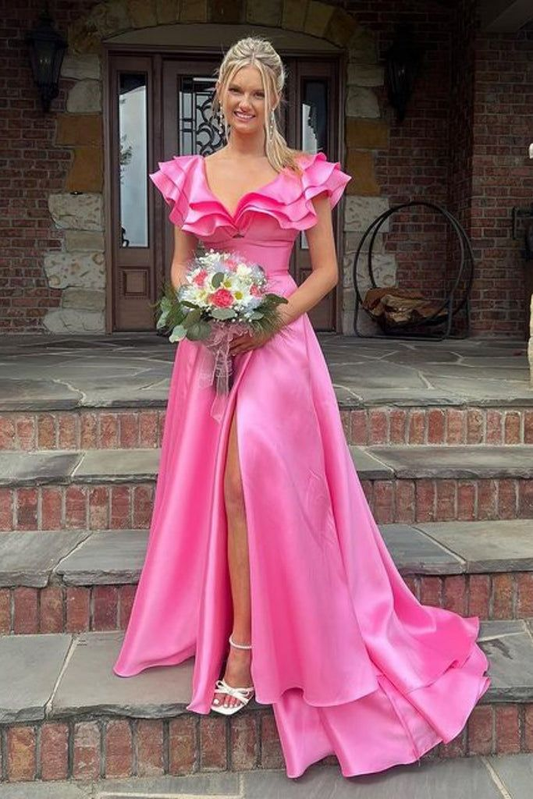 Hot Pink V-Neck Ruffle A-Line Long Prom Dress,DP0133