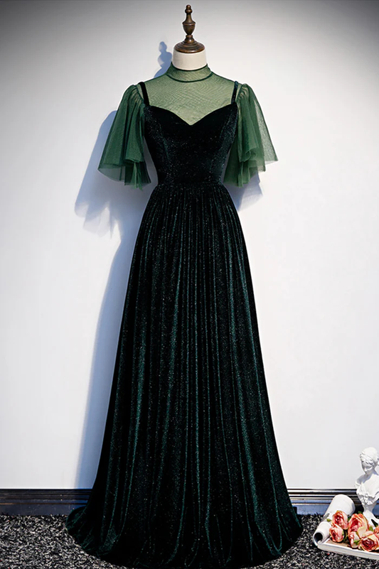 Green Velvet A-Line Long Prom Dress, Green Formal Evening Dress, DP3185