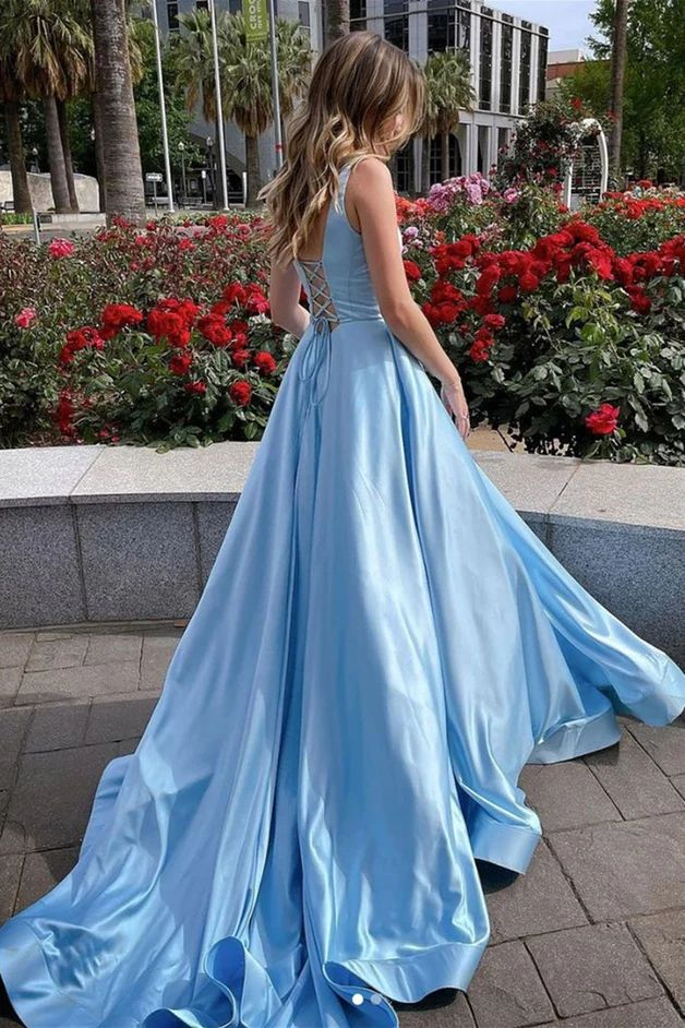 Long Blue Satin Prom Dress Formal Evening Gowns,DP0135