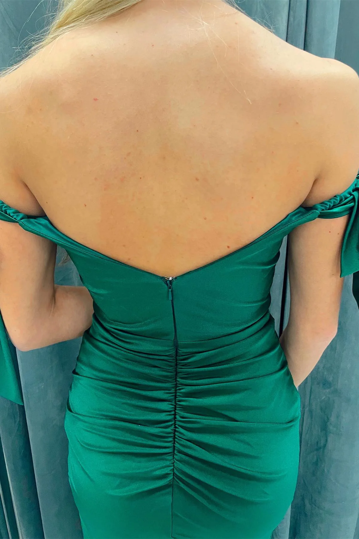 Hunter Green Off-the-Shoulder Mermaid Satin Long Prom Dress with Slit,DP013