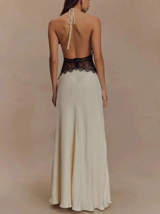 Charming Lace V-neck Prom Dress Sheath Halter-neck Evening Dress Long Formal Dress DP6689