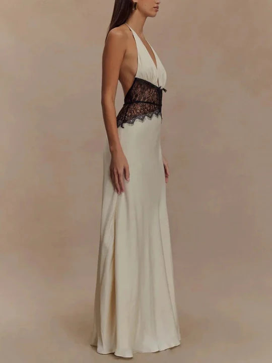 Charming Lace V-neck Prom Dress Sheath Halter-neck Evening Dress Long Formal Dress DP6689