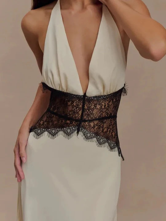 Charming Lace V-neck Prom Dress Sheath Halter-neck Evening Dress Long Formal Dress DP6689