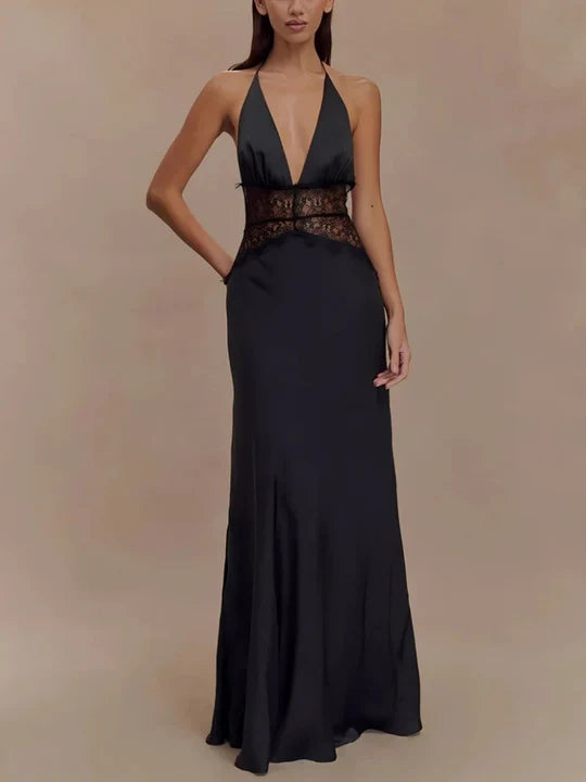 Charming Lace V-neck Prom Dress Sheath Halter-neck Evening Dress Long Formal Dress DP6689