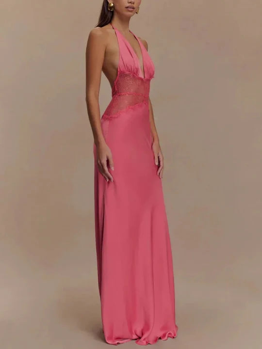 Charming Lace V-neck Prom Dress Sheath Halter-neck Evening Dress Long Formal Dress DP6689