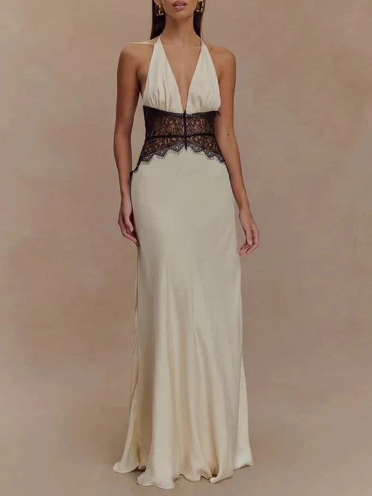 Charming Lace V-neck Prom Dress Sheath Halter-neck Evening Dress Long Formal Dress DP6689