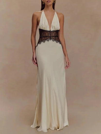 Charming Lace V-neck Prom Dress Sheath Halter-neck Evening Dress Long Formal Dress DP6689