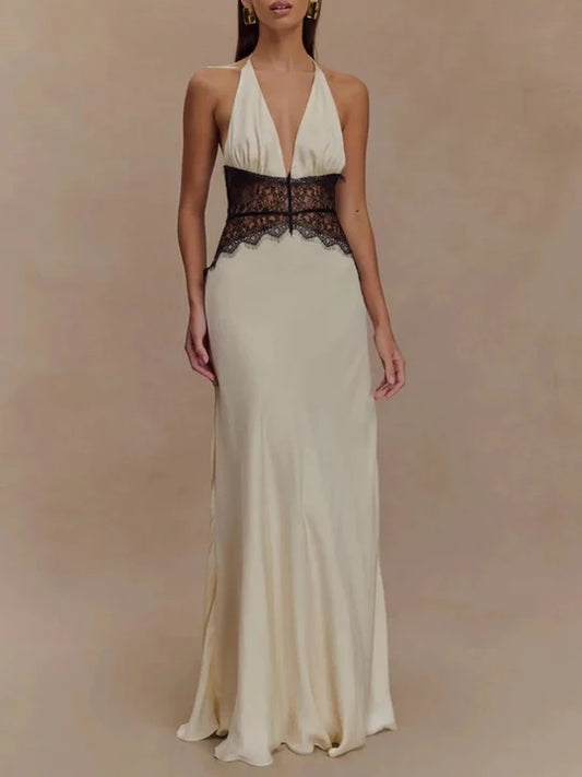 Charming Lace V-neck Prom Dress Sheath Halter-neck Evening Dress Long Formal Dress DP6689