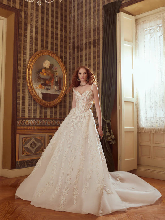 Superbe robe de mariée trapèze ivoire à bretelles appliquées et décolleté en cœur, robe de bal, robe de soirée DP6572