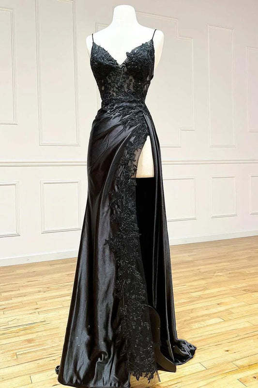 Vintage Applique V-Ausschnitt Spaghettiträger Satin Bodenlang High Slit Ballkleid Abendkleid DP6329