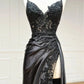Vintage Applique V-neck Spaghetti Strap Satin Floor-length High Slit Prom Dress Evening Dress DP6329