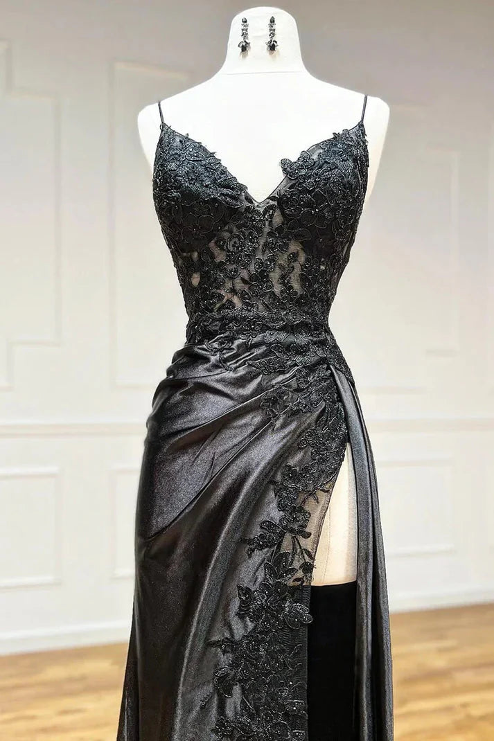 Vintage Applique V-neck Spaghetti Strap Satin Floor-length High Slit Prom Dress Evening Dress DP6329