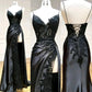 Vintage Applique V-neck Spaghetti Strap Satin Floor-length High Slit Prom Dress Evening Dress DP6329