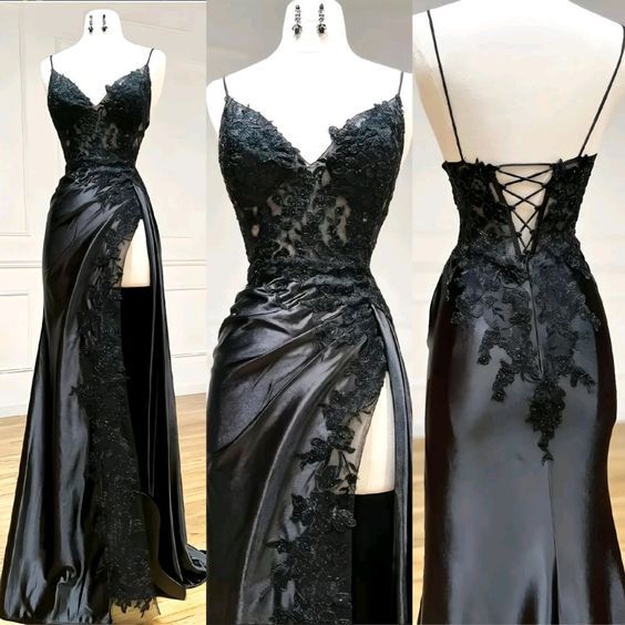 Vintage Applique V-neck Spaghetti Strap Satin Floor-length High Slit Prom Dress Evening Dress DP6329