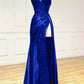 Vintage Applique V-neck Spaghetti Strap Satin Floor-length High Slit Prom Dress Evening Dress DP6329