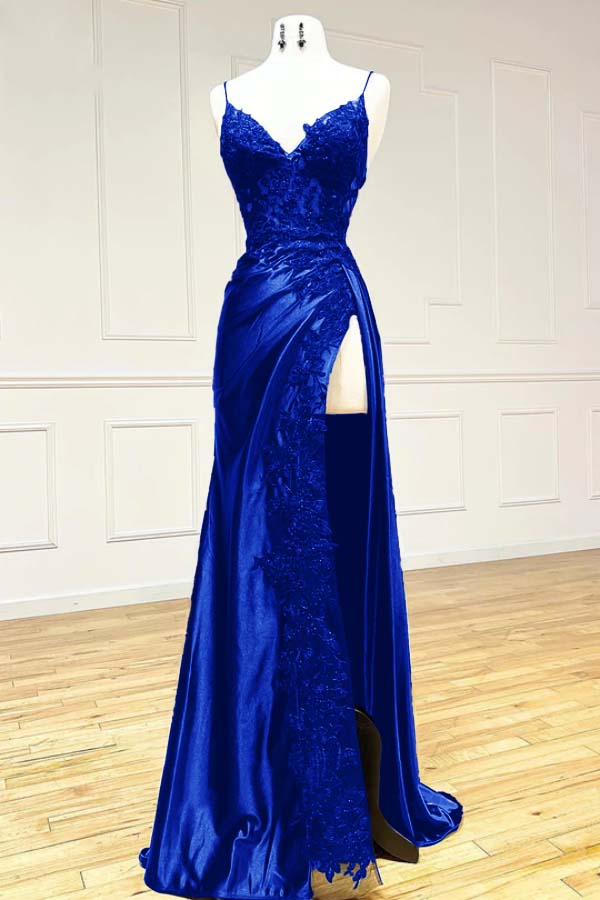 Vintage Applique V-neck Spaghetti Strap Satin Floor-length High Slit Prom Dress Evening Dress DP6329