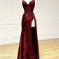 Vintage Applique V-neck Spaghetti Strap Satin Floor-length High Slit Prom Dress Evening Dress DP6329