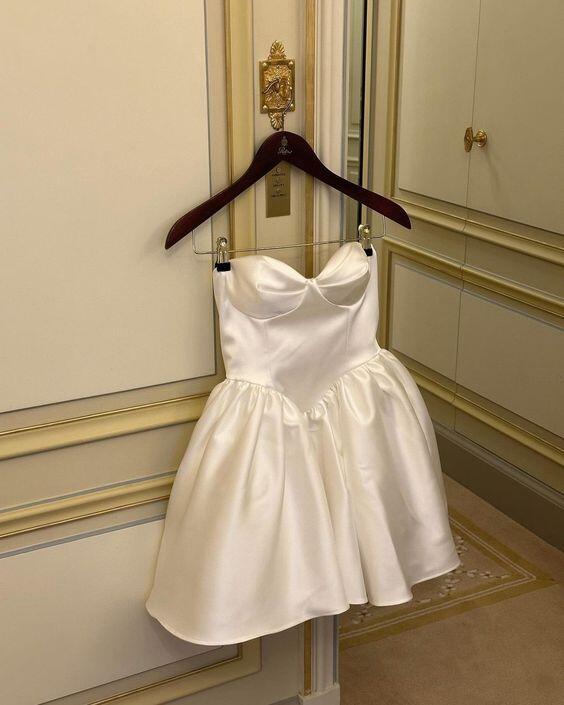 Cute Strapless A-Line White Satin Homecoming Dress, DP2923 DSProm Cute Strapless A-Line White Satin Homecoming Dress, DP2923 DSProm
