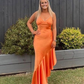 Orange Spaghettiträger Rüschen Langes Partykleid,DP1853
