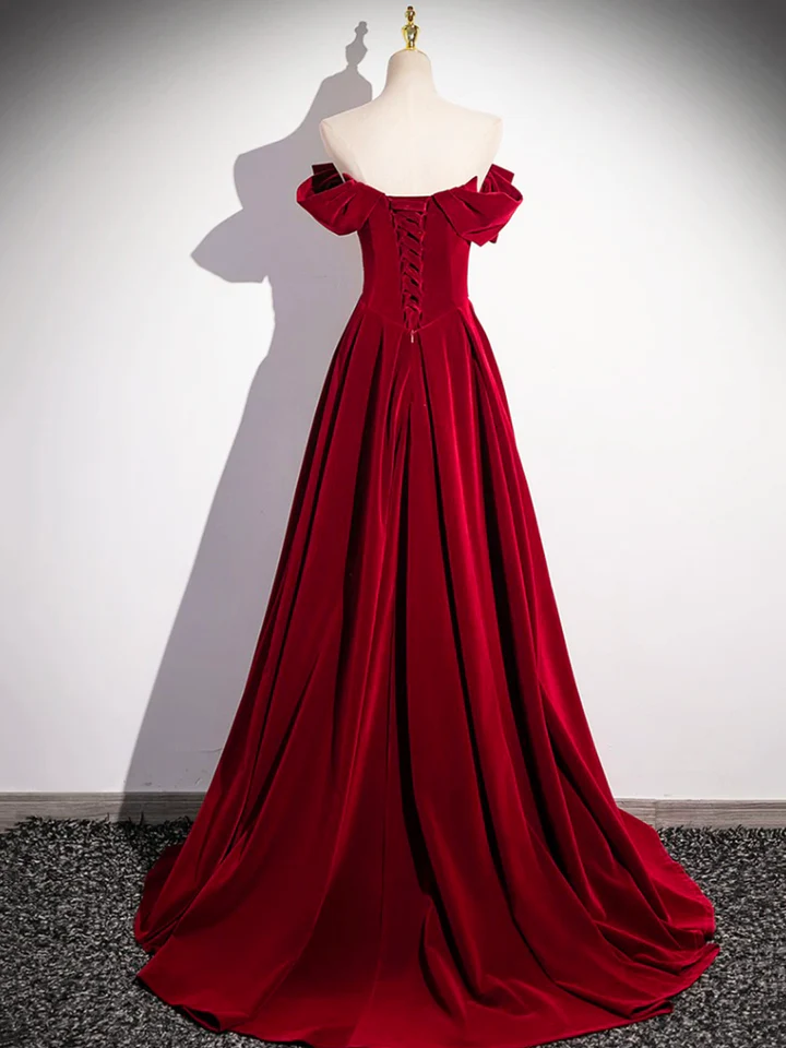 Red Velvet Sequins Long Prom Dress Elegant Off the Shoulder A-Line Formal Dress, DP2471