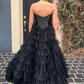 Black Strapless A-line Multi-Layers Tulle Long Prom Dress,DP010