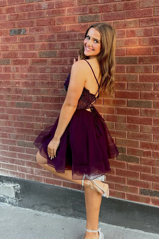 Straps Purple A-line Short Tulle Homecoming Dress, DP2327