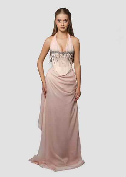 Vintage Pink Glänzendes Neckholder-Abendkleid mit Perlen, DP6530