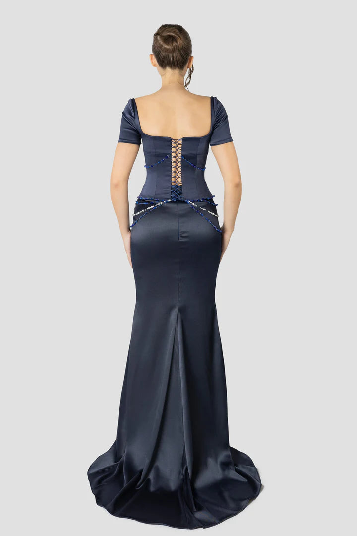 Vintage Dark Blue Mermaid Design Valentine Couture Satin Short-sleeved Prom Dress Evening Dress DP6235