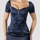 Vintage Dark Blue Mermaid Design Valentine Couture Satin Short-sleeved Prom Dress Evening Dress DP6235