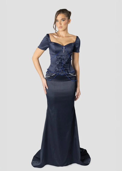 Vintage Dark Blue Mermaid Design Valentine Couture Satin Short-sleeved Prom Dress Evening Dress DP6235