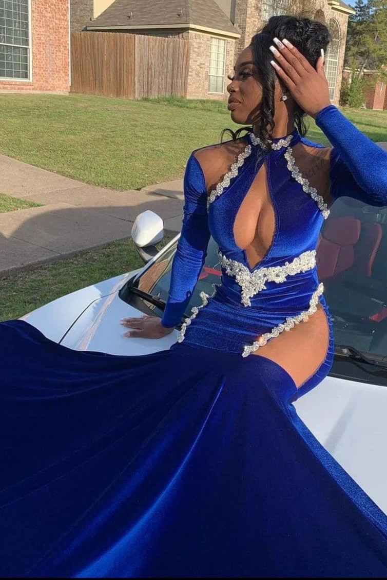 Royal Blue High Neck Long Sleeves Black Girl Mermaid Prom Dress, DP2655