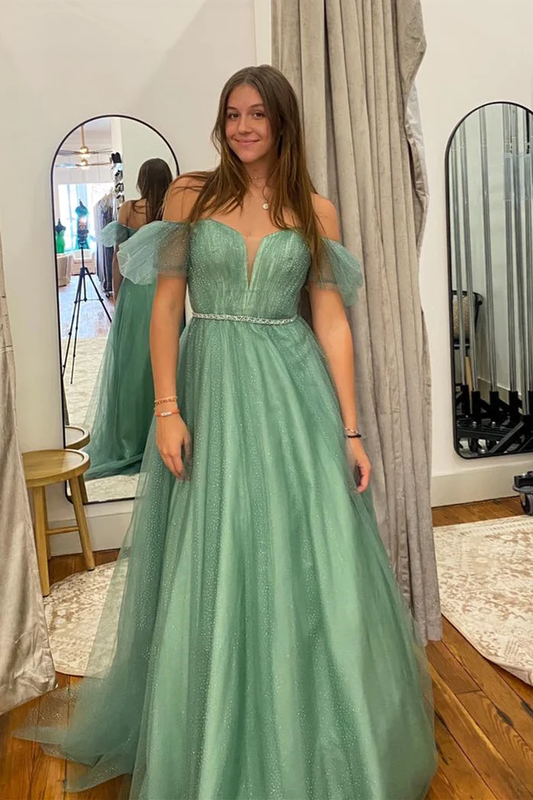 Sea Glass Tulle A-line V Neckline Off-Shoulder Long Prom Dress,DP042