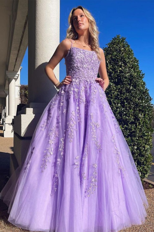 A Line Open Back Purple Lace Long Prom Dresses Formal Evening Dresses,DP0215