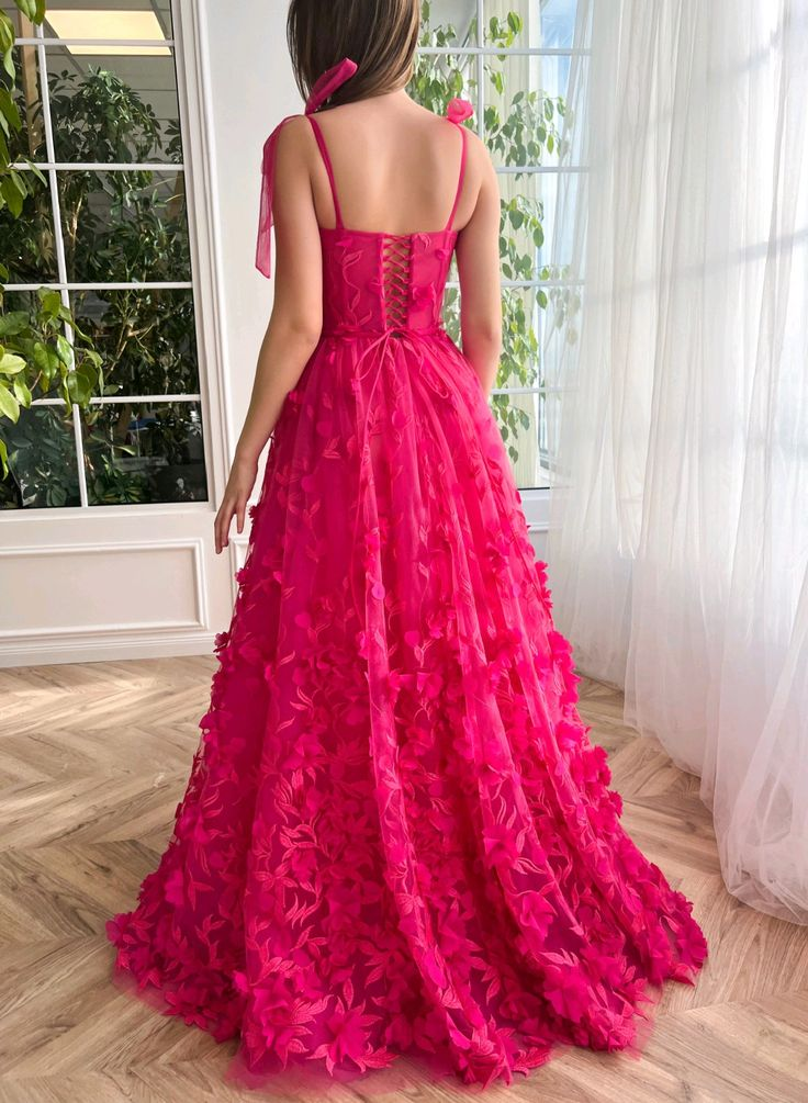 Fuchsia Tulle Prom Dresses Appliques Evening Party Gowns Spaghetti Straps,DP098