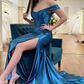 Magenta Satin Off-the-Shoulder Mermaid Long Formal Dress with Slit,DP050